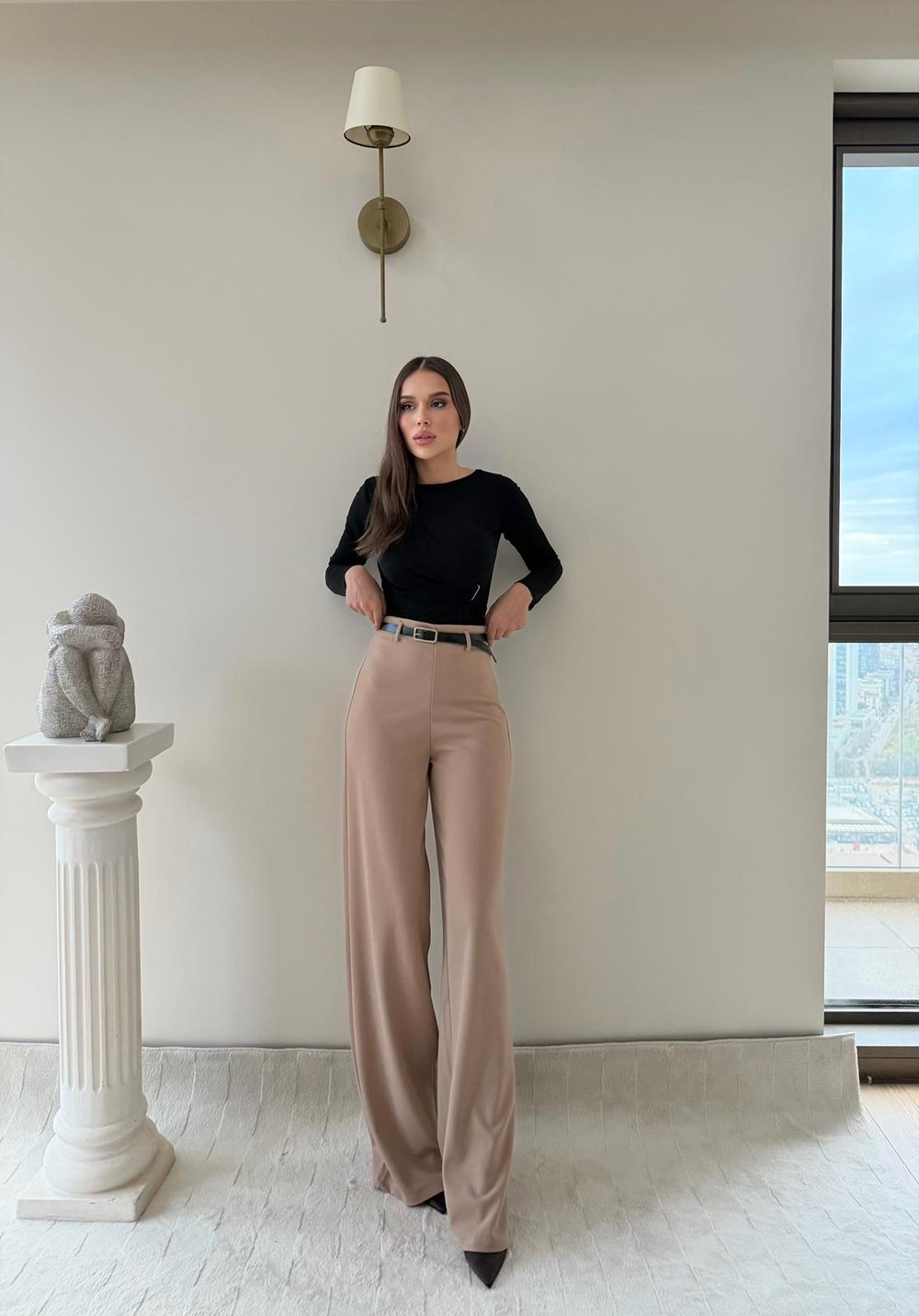 Kemerli Yüksek Bel Palazzo Crep Pantolon Bej 2024