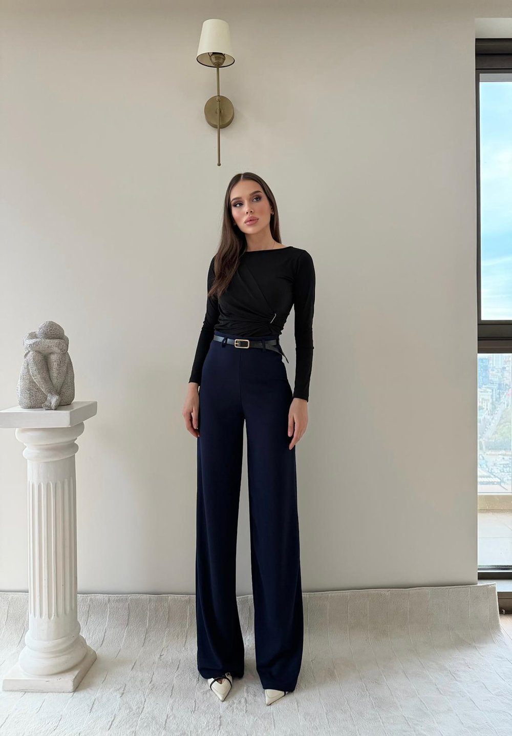 Kemerli Yüksek Bel Palazzo Crep Pantolon Lacivert 2024
