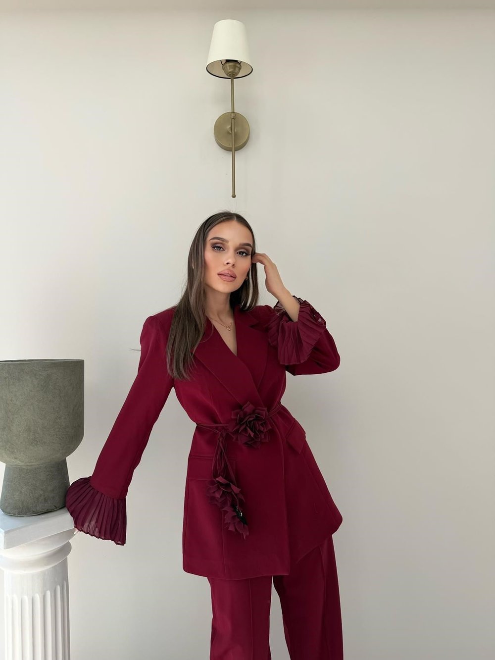 Kol Tül Detay Bel Kuşaklı Blazer Ceket Ve Pantolonlu Kumaş Takım Bordo 2068