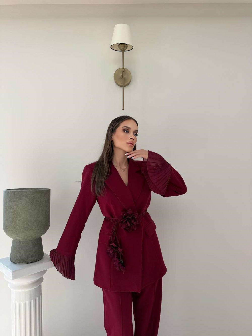 Kol Tül Detay Bel Kuşaklı Blazer Ceket Ve Pantolonlu Kumaş Takım Bordo 2068