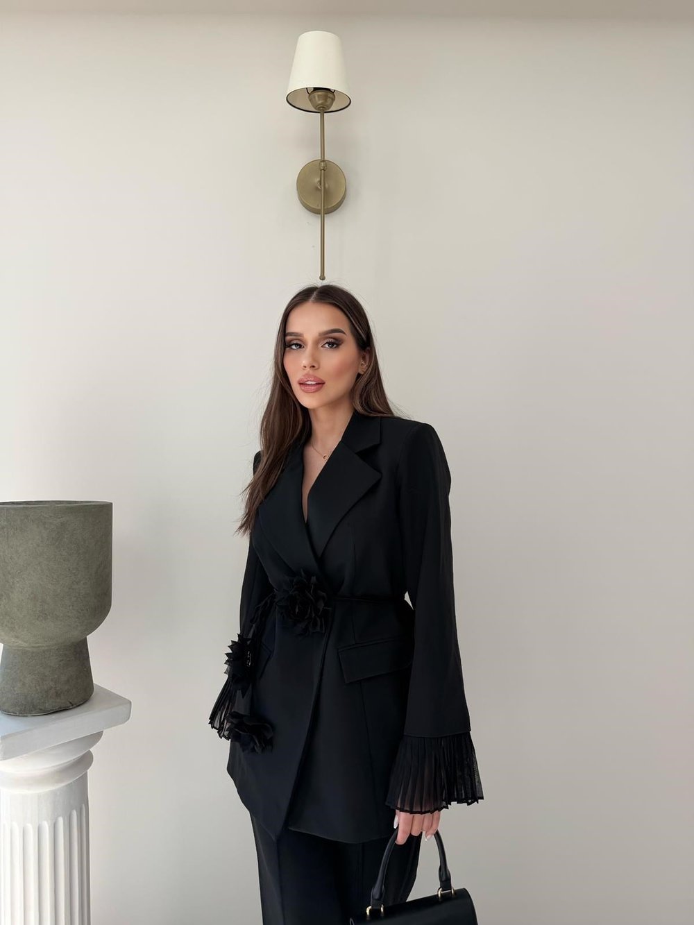Kol Tül Detay Bel Kuşaklı Blazer Ceket Ve Pantolonlu Kumaş Takım Siyah 2068