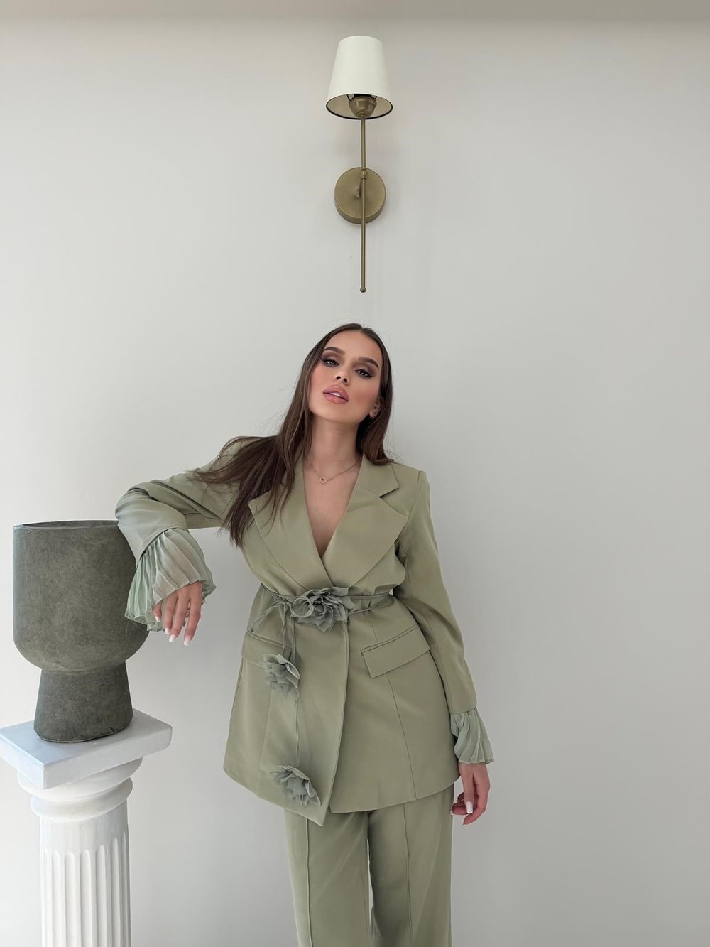Kol Tül Detay Bel Kuşaklı Blazer Ceket Ve Pantolonlu Kumaş Takım Haki 2068