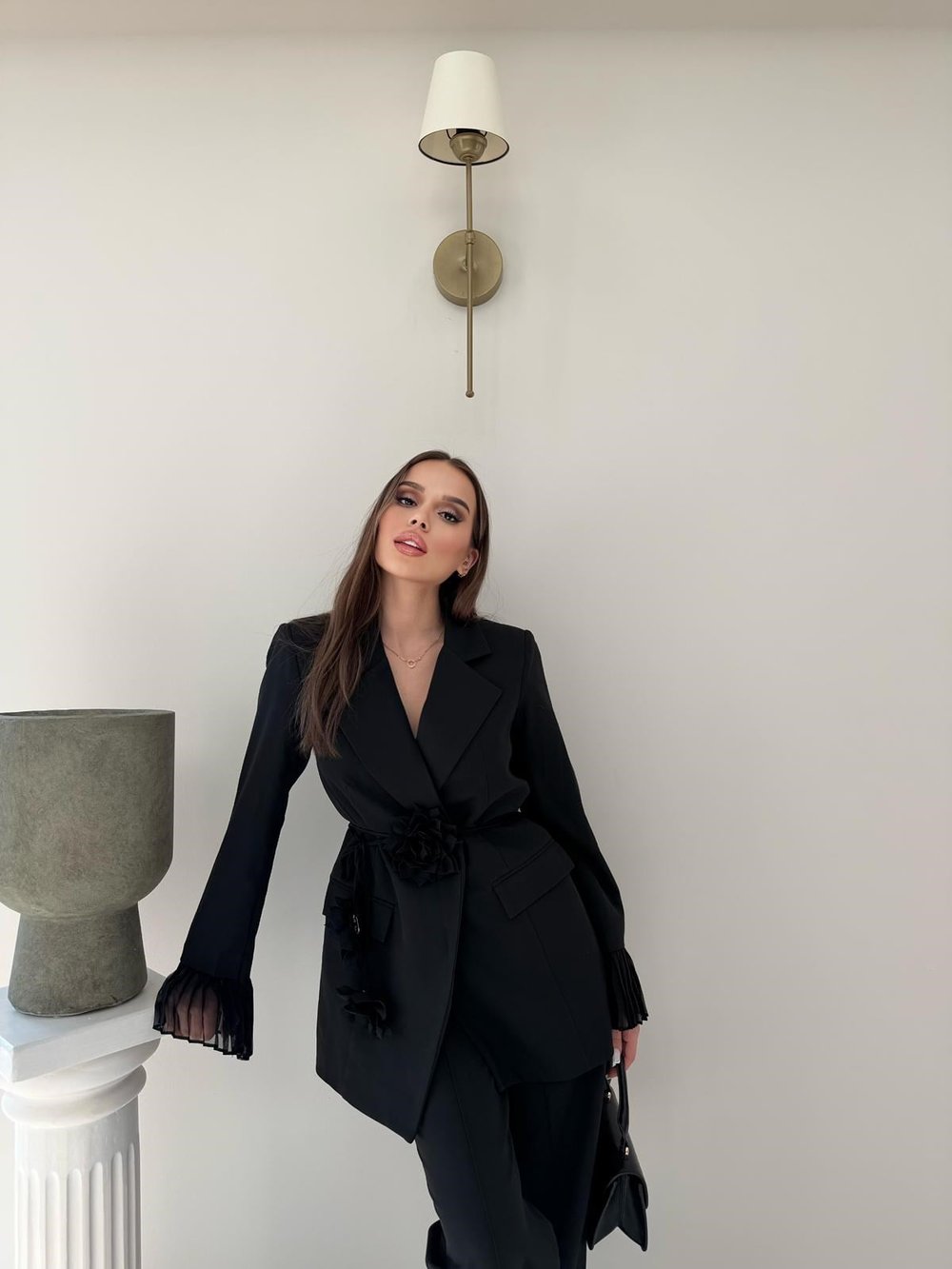 Kol Tül Detay Bel Kuşaklı Blazer Ceket Ve Pantolonlu Kumaş Takım Siyah 2068