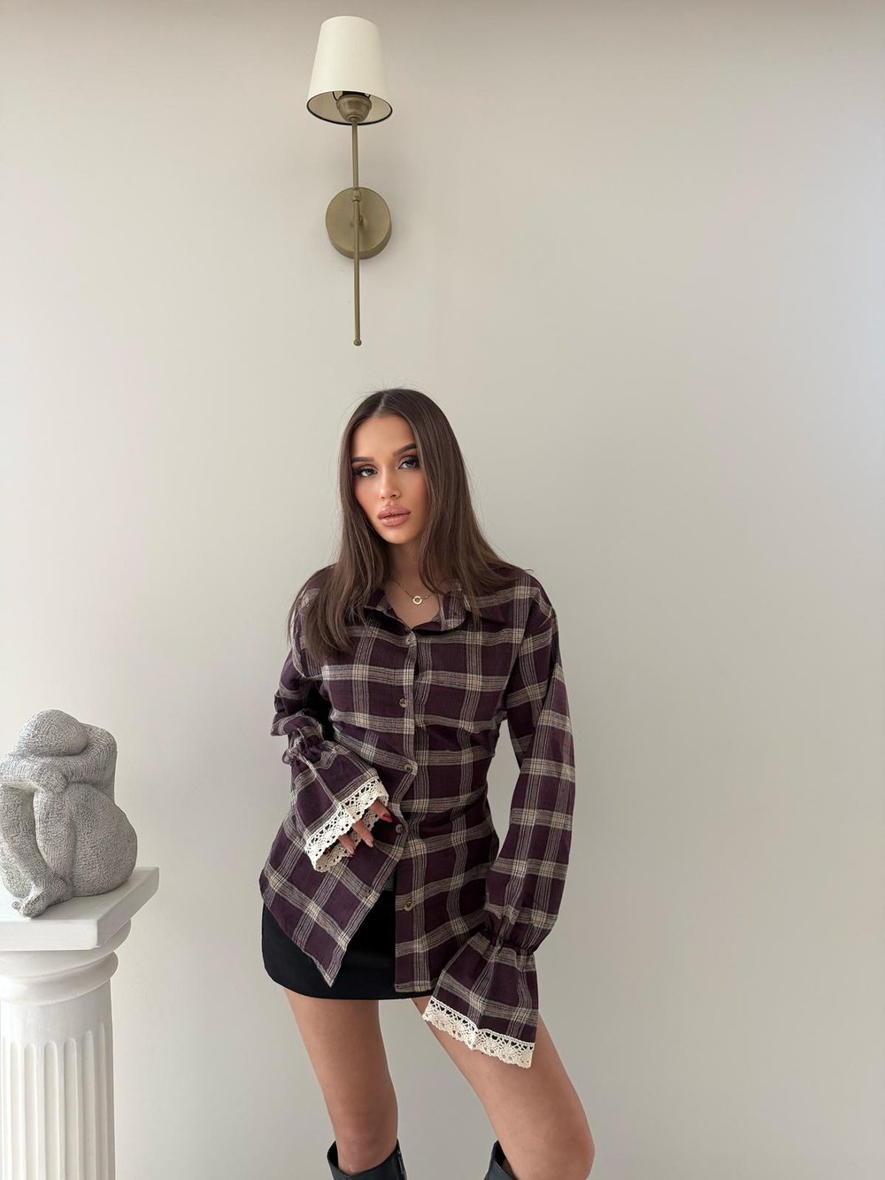 Kol Dantel Detay Sırt Bağlamalı Ekoseden Gömlek Mürdüm 2035