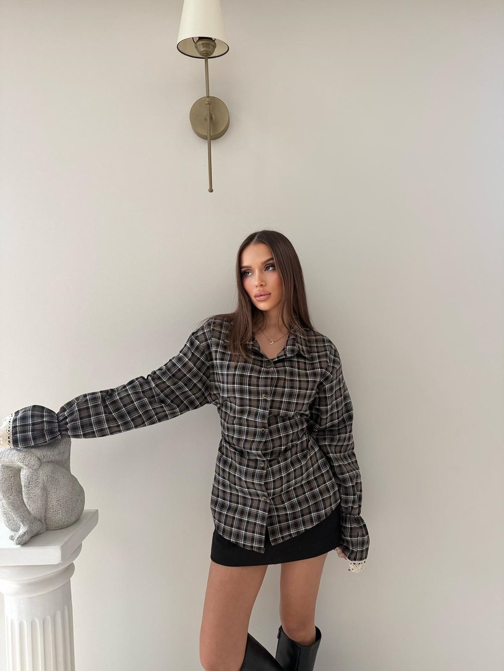 Kol Dantel Detay Sırt Bağlamalı Ekoseden Gömlek Kahve 2035