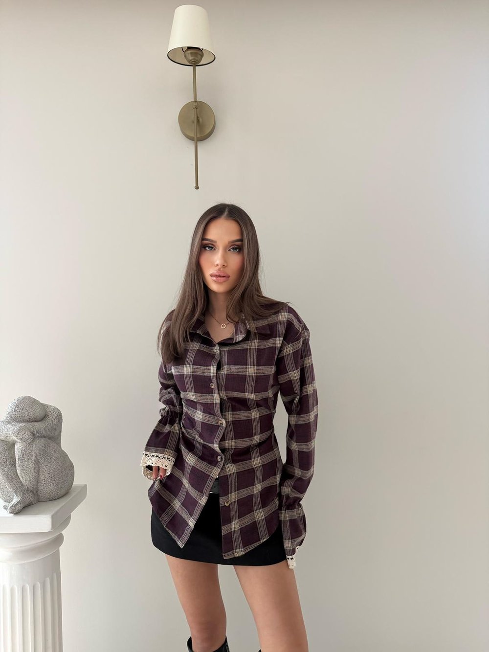 Kol Dantel Detay Sırt Bağlamalı Ekoseden Gömlek Mürdüm 2035