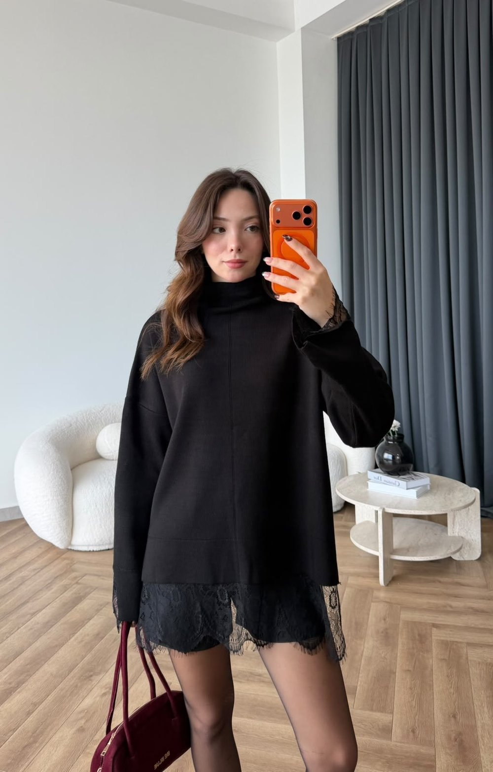 Kol ve Etek Dantel Detay Oversize Kazak 2573