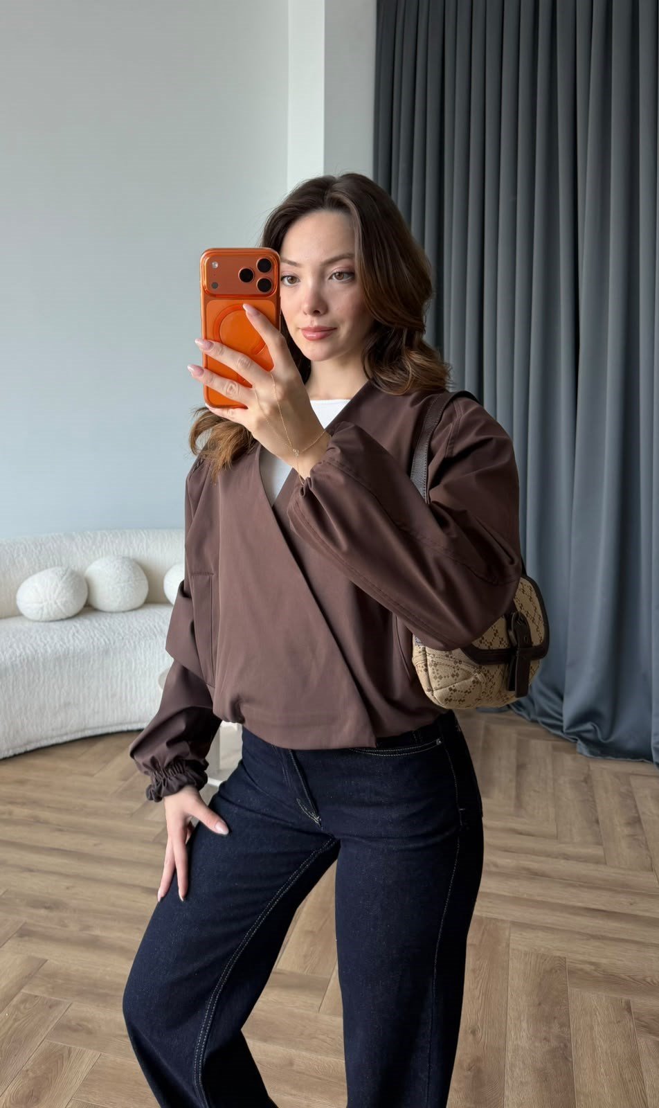 Kruvaze Yaka Çıtçıtlı Trenç Bomber Kahve 2485