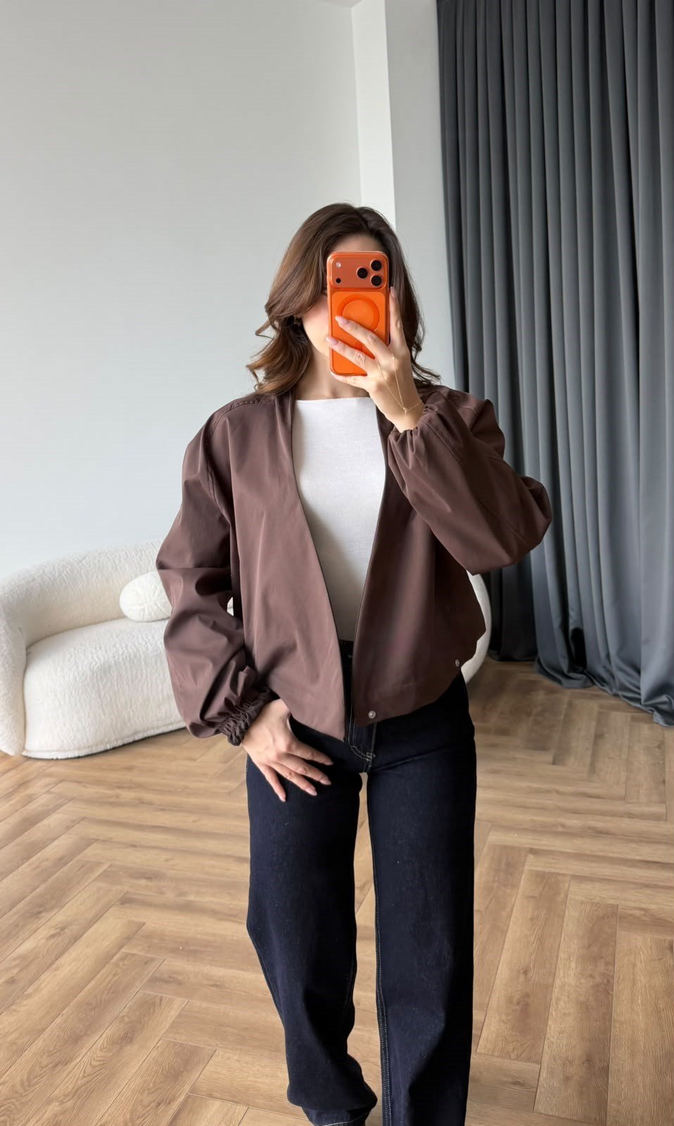 Kruvaze Yaka Çıtçıtlı Trenç Bomber Kahve 2485