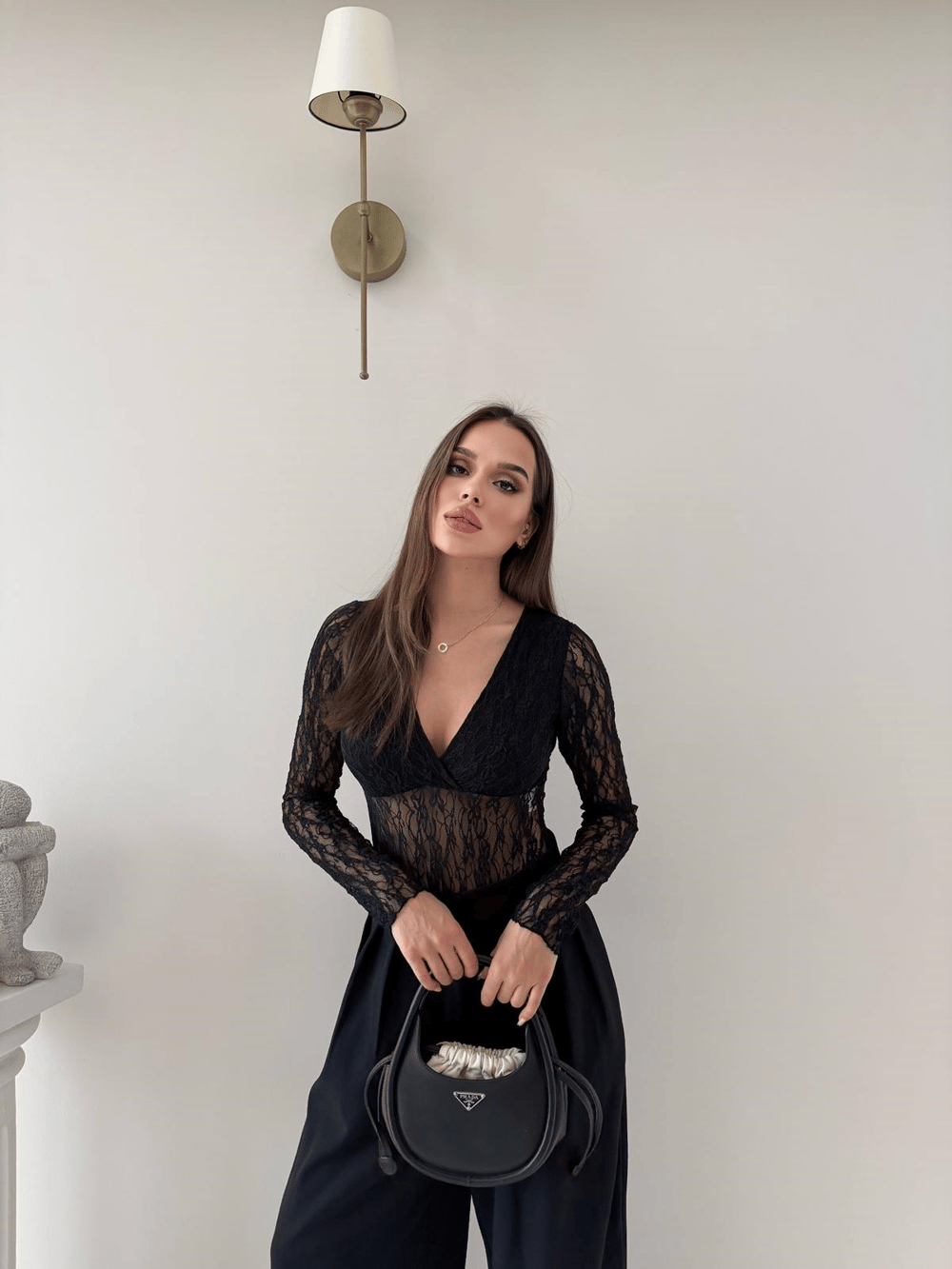 Kruvaze Yaka Dantel Bodysuit Siyah 2057