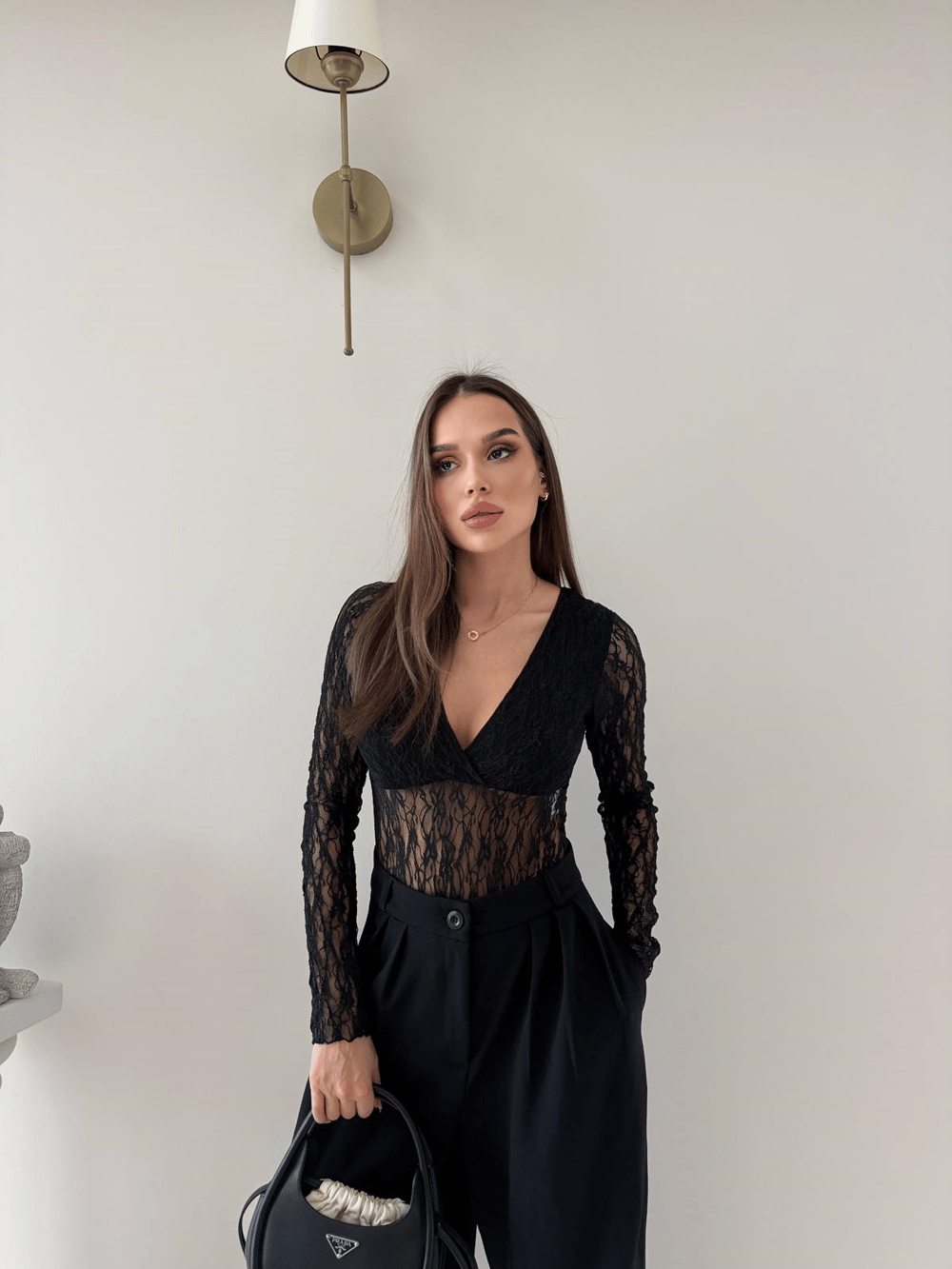Kruvaze Yaka Dantel Bodysuit Siyah 2057