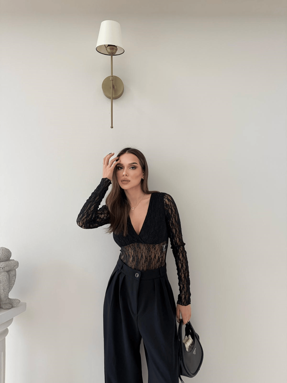 Kruvaze Yaka Dantel Bodysuit Siyah 2057