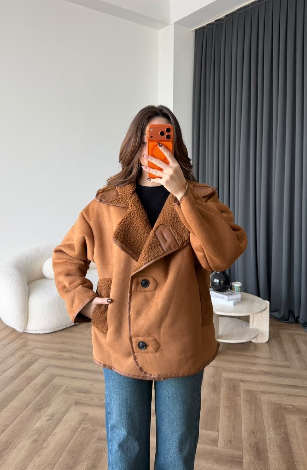 Kruvaze Yaka İç Kürk Lamine Mont Camel 2565