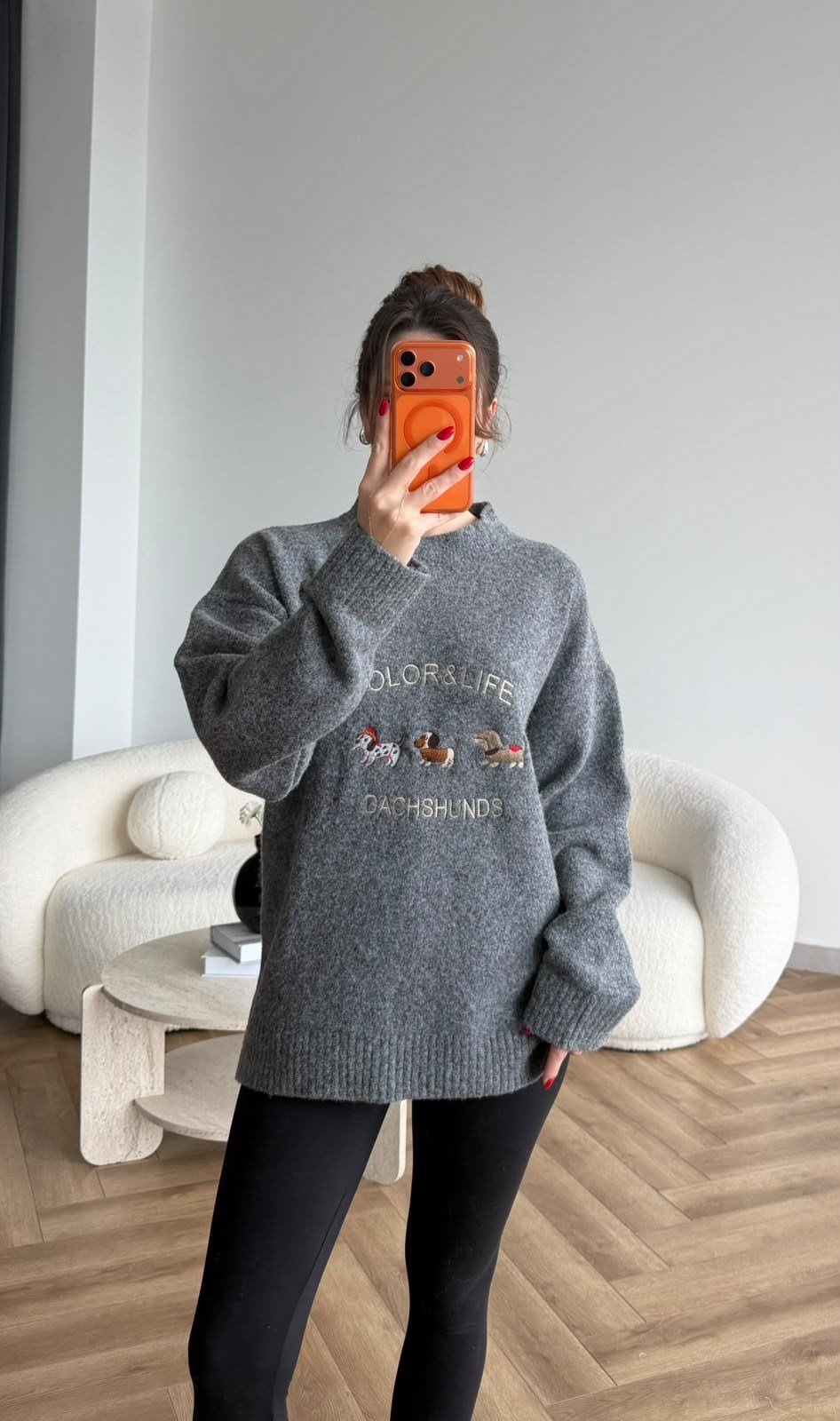 Nakiş Detay Oversize Kazak Gri 2515