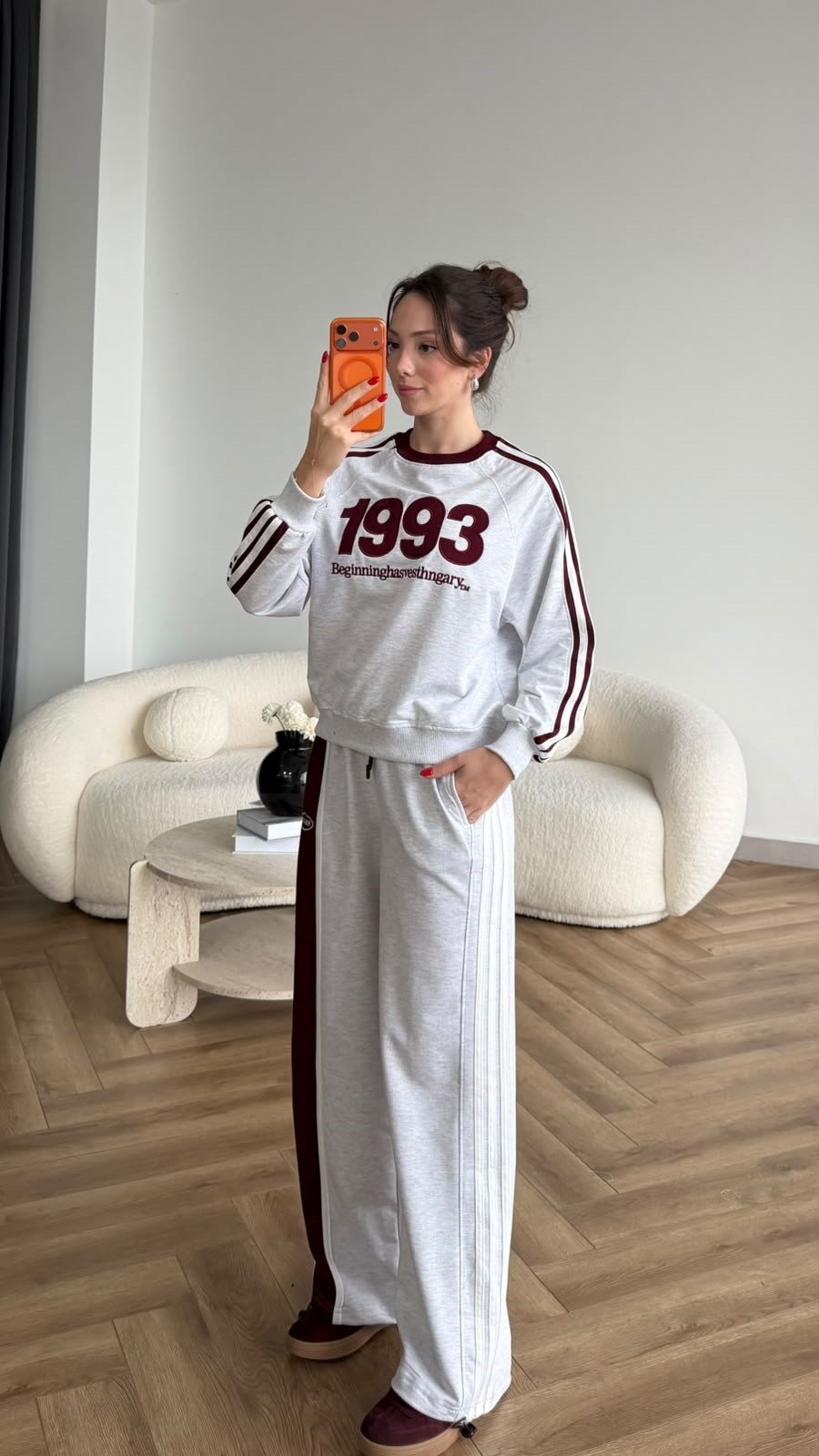 Nakiş Detay Sweat ve Garneli Pantolonlu 3 İplik Takım Gri Bordo 2455