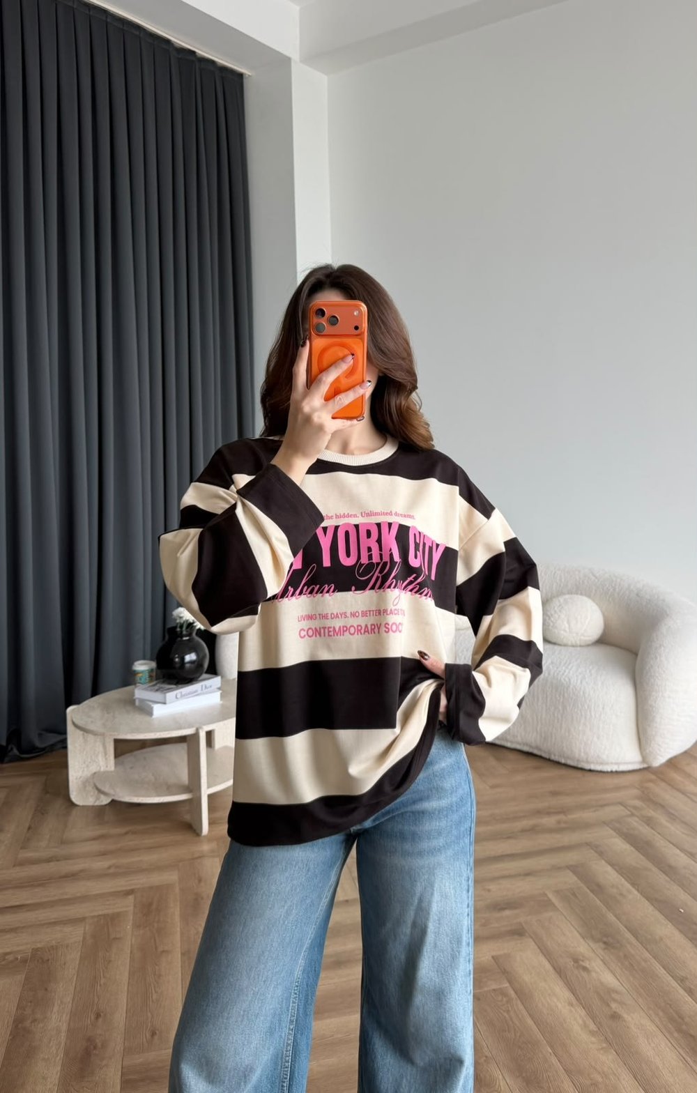 Newyork Çizgili Sweat Kahve 2563