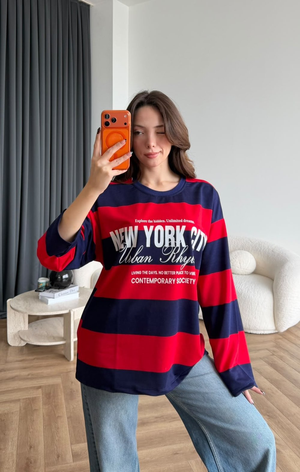 Newyork Çizgili Sweat Kırmızı Lacivert 2563