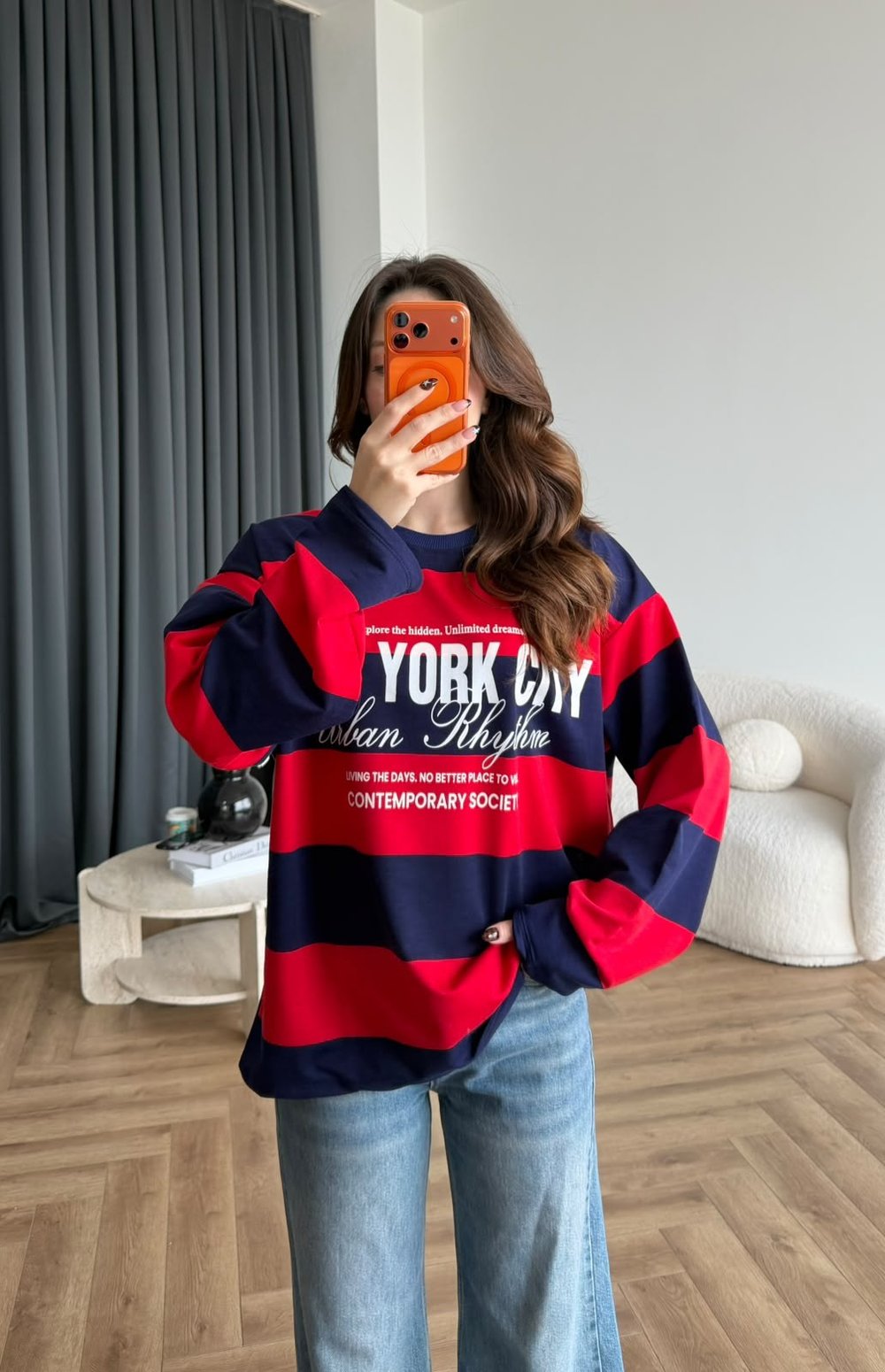 Newyork Çizgili Sweat Kırmızı Lacivert 2563