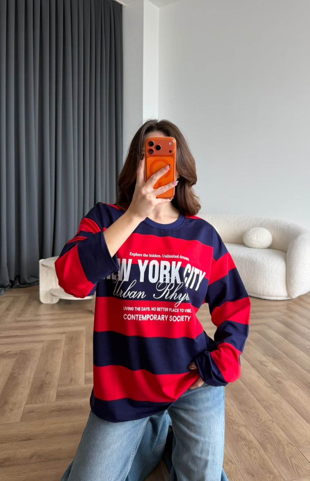Newyork Çizgili Sweat Kırmızı Lacivert 2563