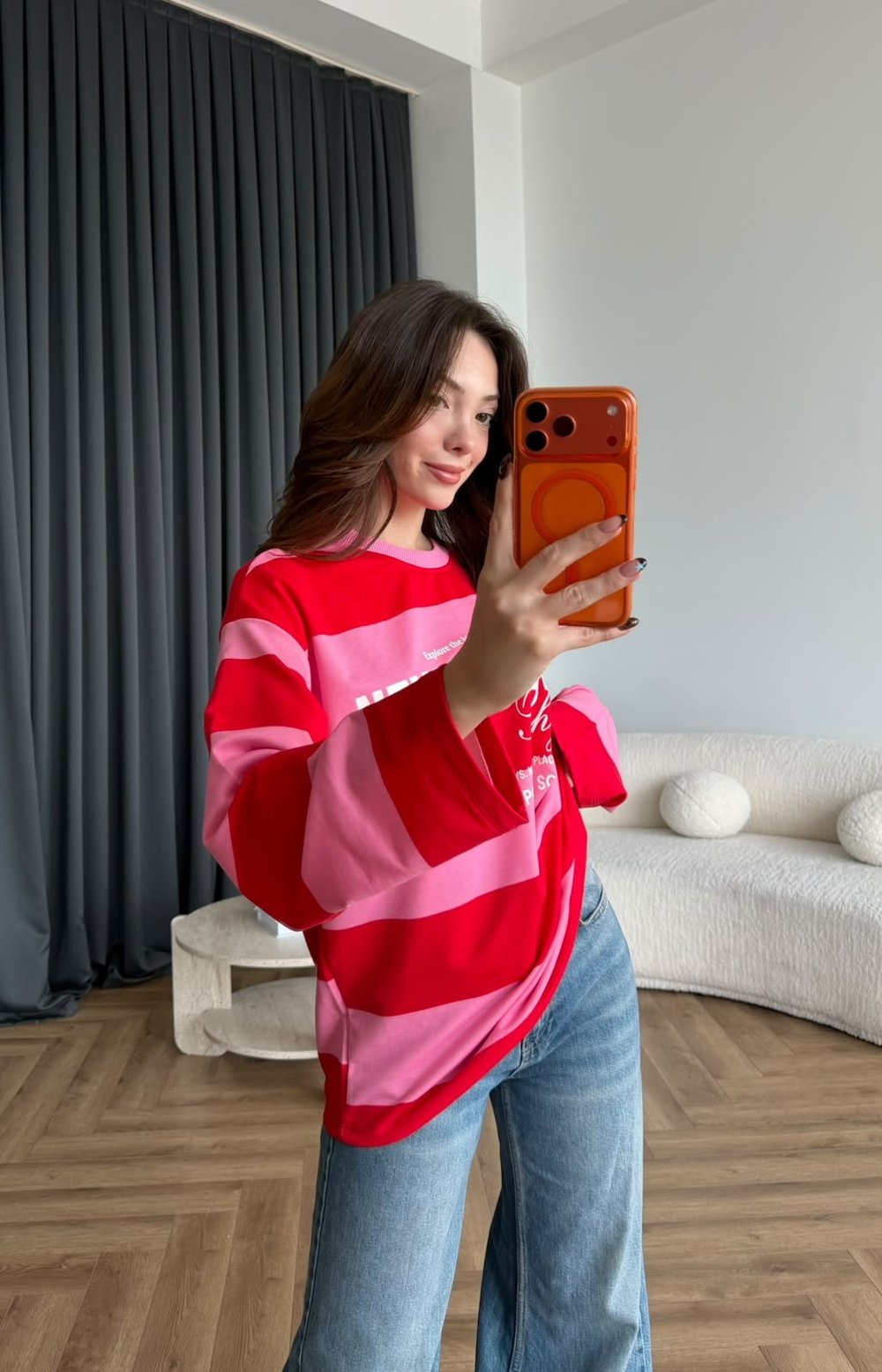 Newyork Çizgili Sweat Kırmızı Pembe 2563