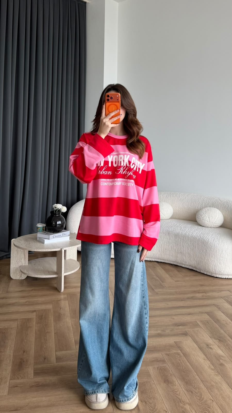 Newyork Çizgili Sweat Kırmızı Pembe 2563