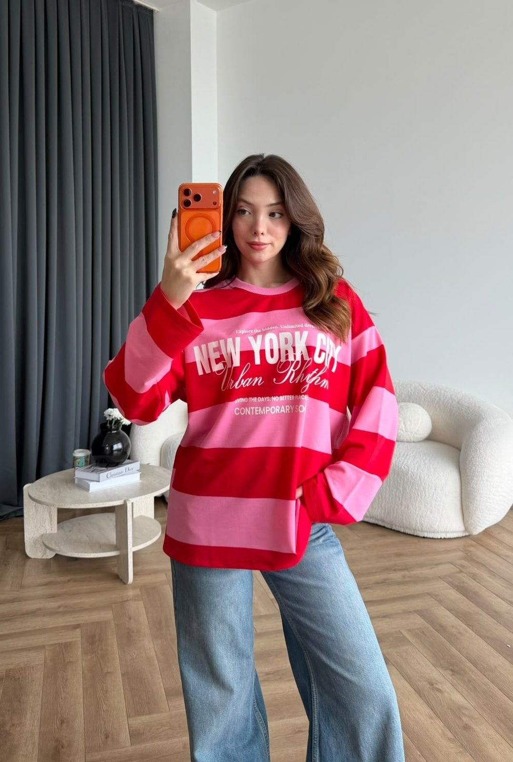 Newyork Çizgili Sweat Kırmızı Pembe 2563