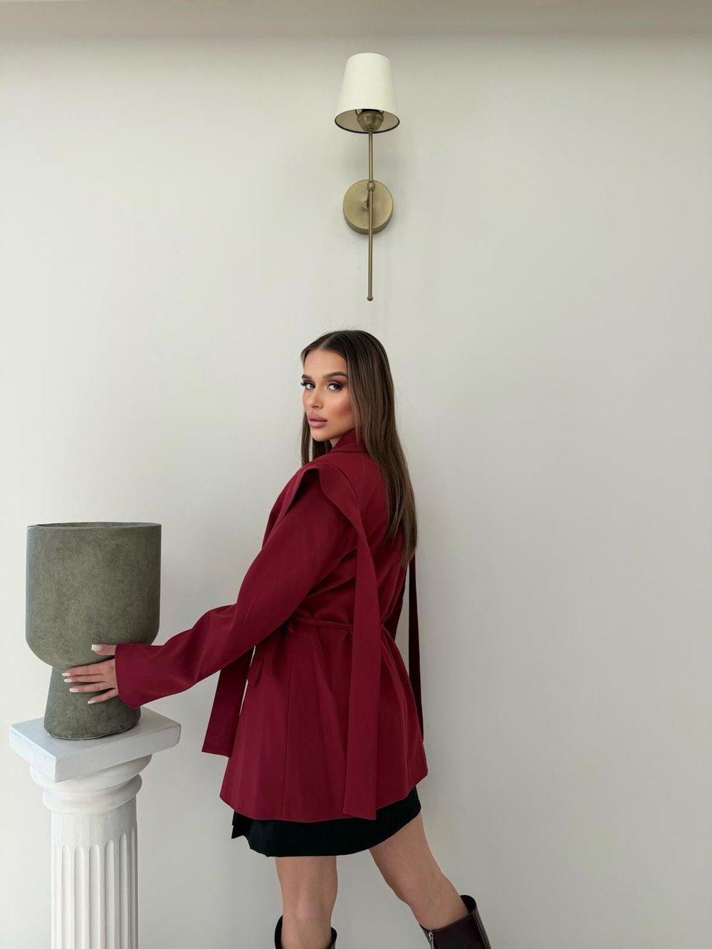 Omuz Sacaklı Bel Bağlama Detay İç Astarlı Blazer Ceket Bordo 2092