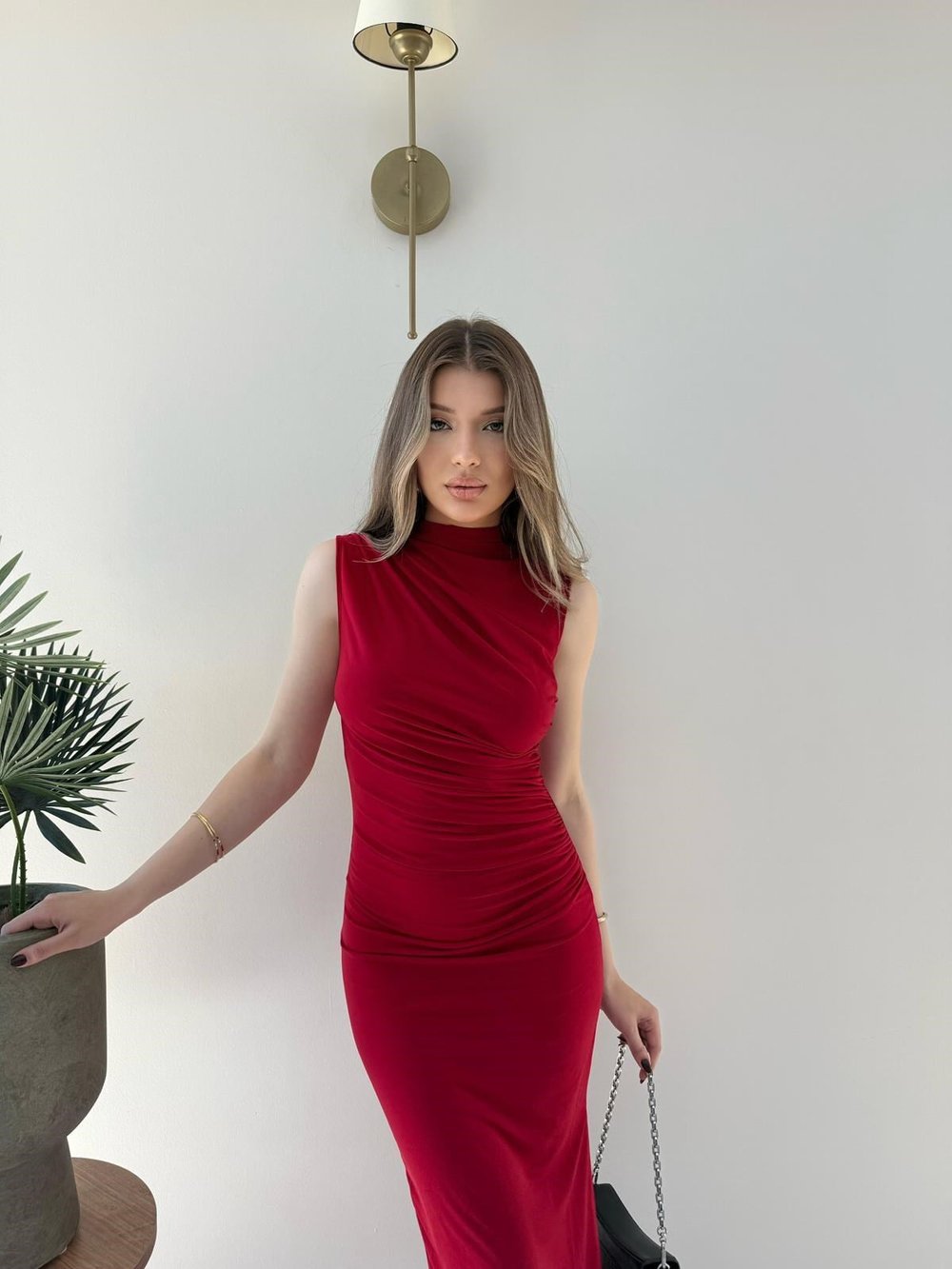 Omuz ve Bel Drape Detay Yırtmaçlı Uzun Sandy Elbise Kırmızı 2286