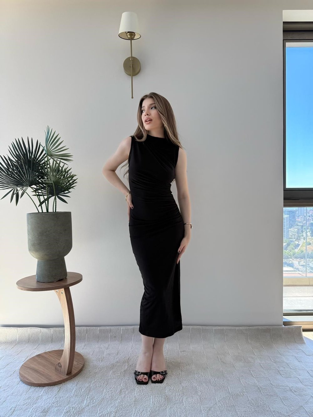 Omuz ve Bel Drape Detay Yırtmaçlı Uzun Sandy Elbise Siyah 2286