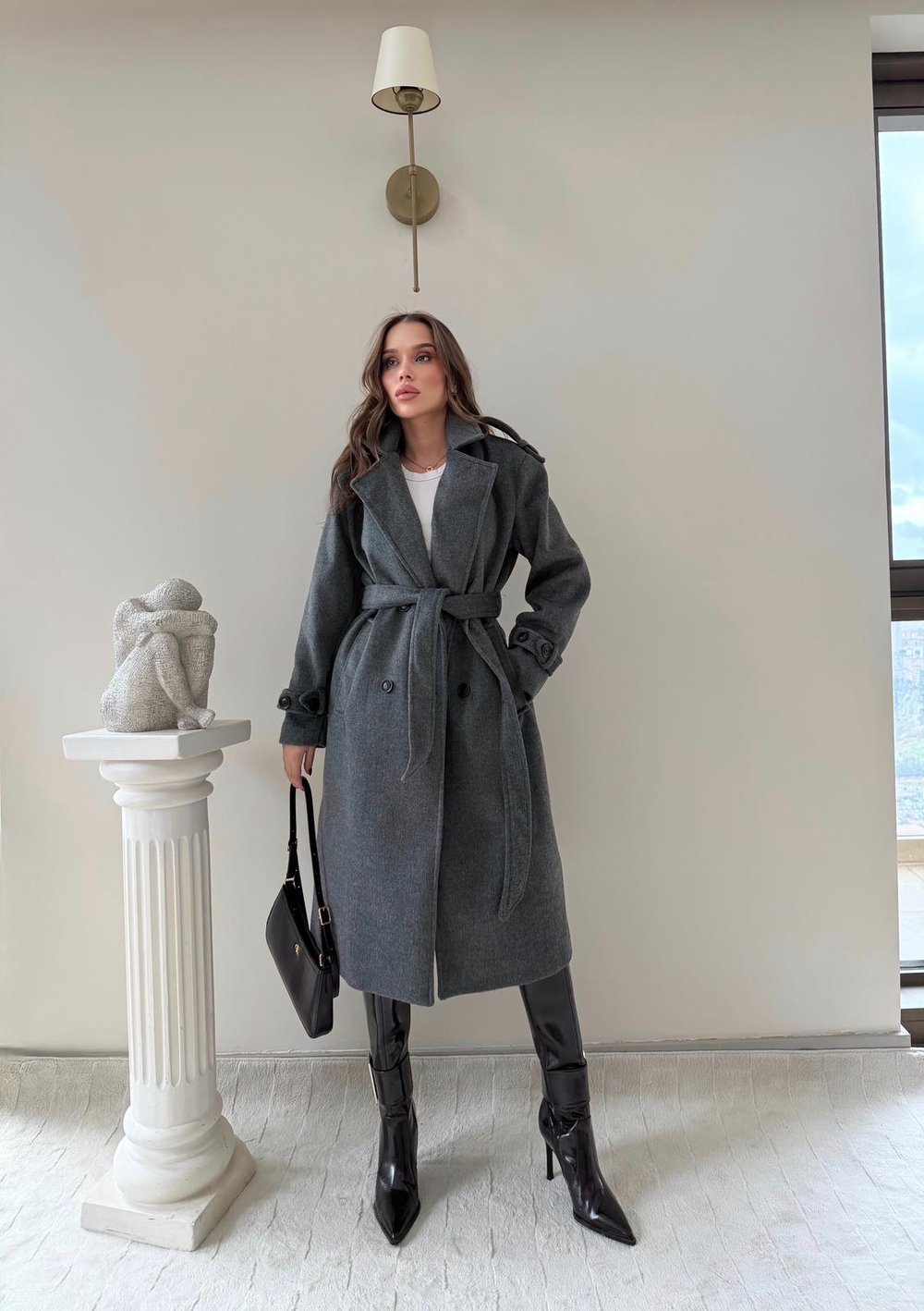 Omuz ve Kol Apolet Detay Bel Kuşaklı Astarlı Kaşe Kaban Antrasit 2013