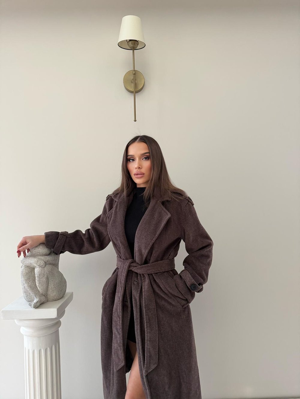 Omuz ve Kol Apolet Detay Bel Kuşaklı Astarlı Kaşe Kaban Kahve 2021