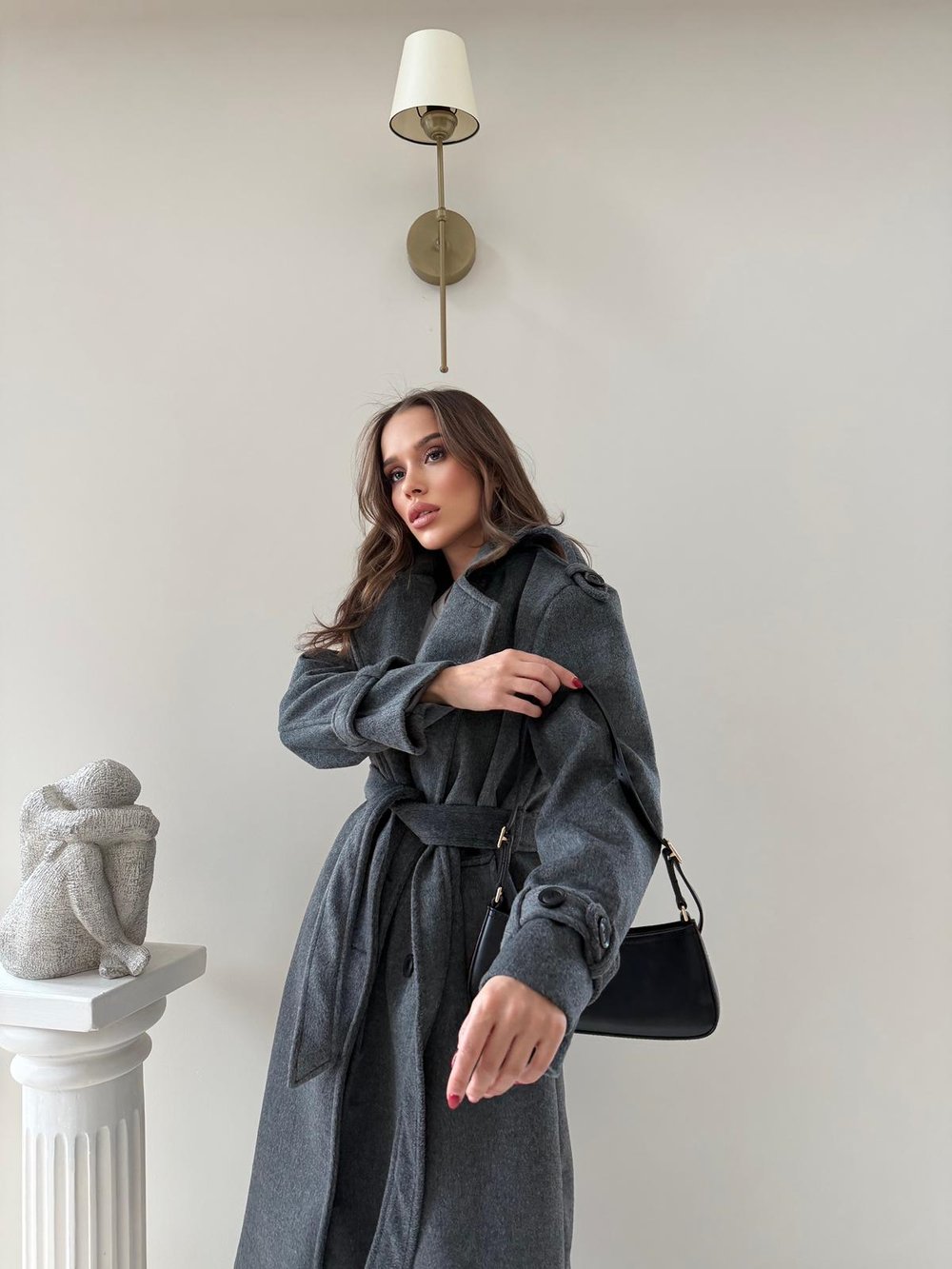 Omuz ve Kol Apolet Detay Bel Kuşaklı Astarlı Kaşe Kaban Antrasit 2013