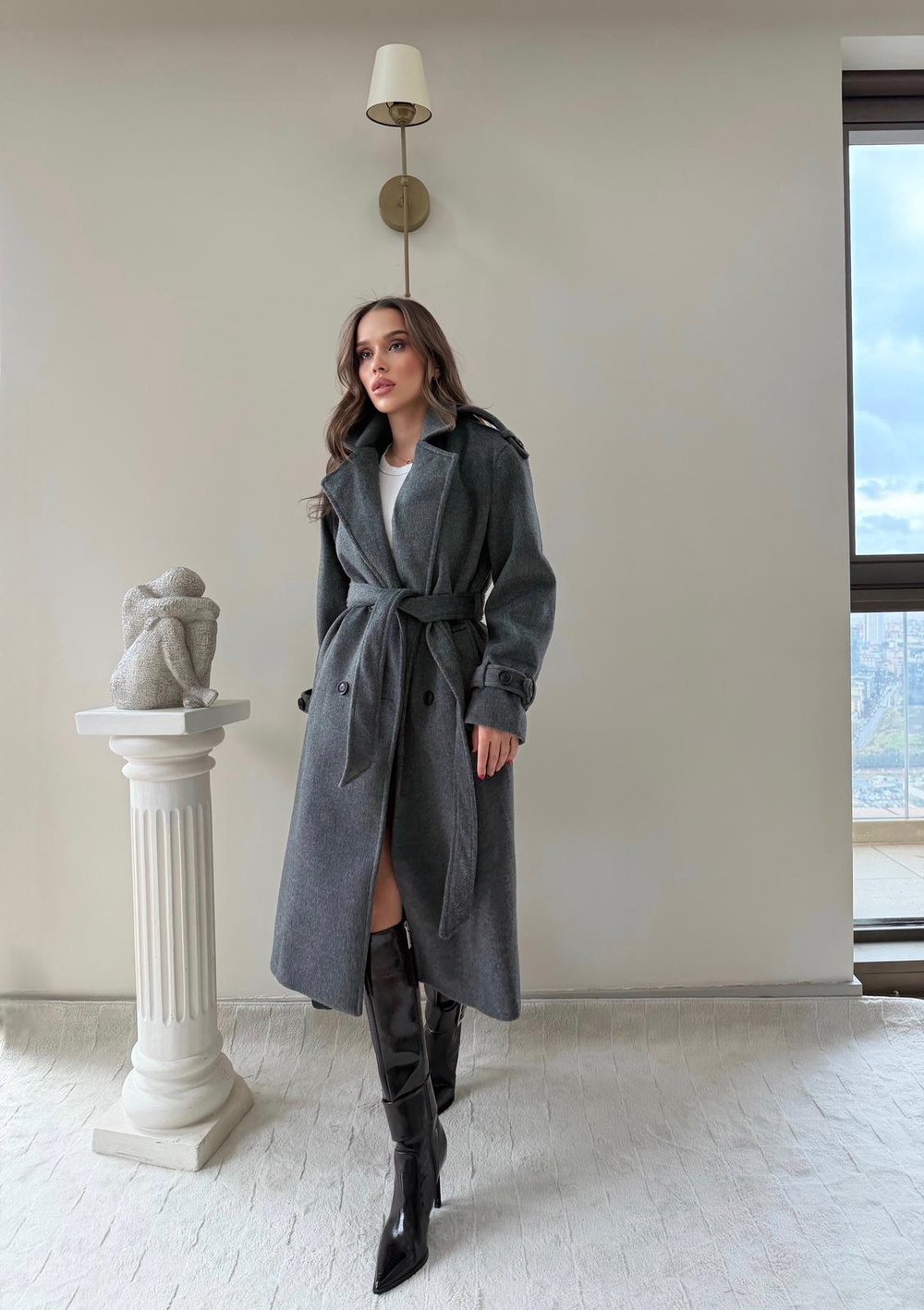 Omuz ve Kol Apolet Detay Bel Kuşaklı Astarlı Kaşe Kaban Antrasit 2013