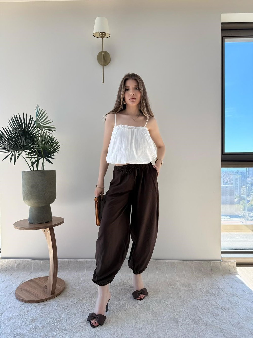 Paça Lastikli Bel İnce Kemer Detay Balon Tensel Pantolon Kahve 2282