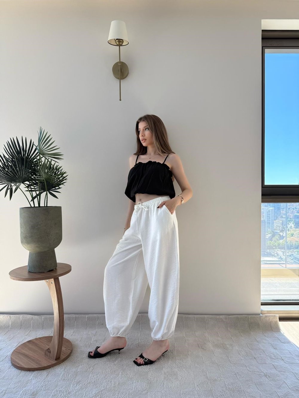 Paça Lastikli Bel İnce Kemer Detay Balon Tensel Pantolon Beyaz 2282