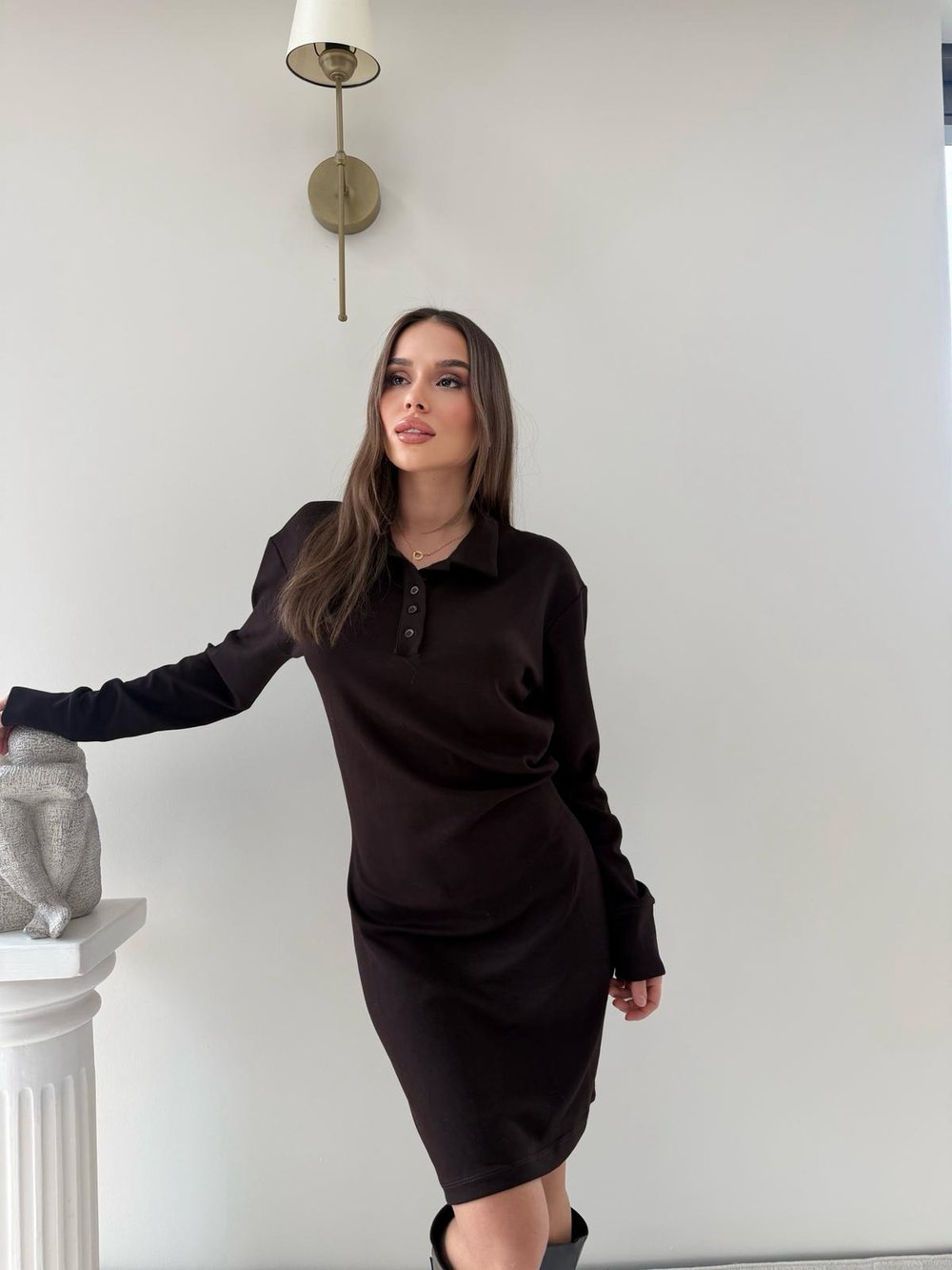 Polo Yaka Belden Drape Detay Modal Elbise Kahve 2044