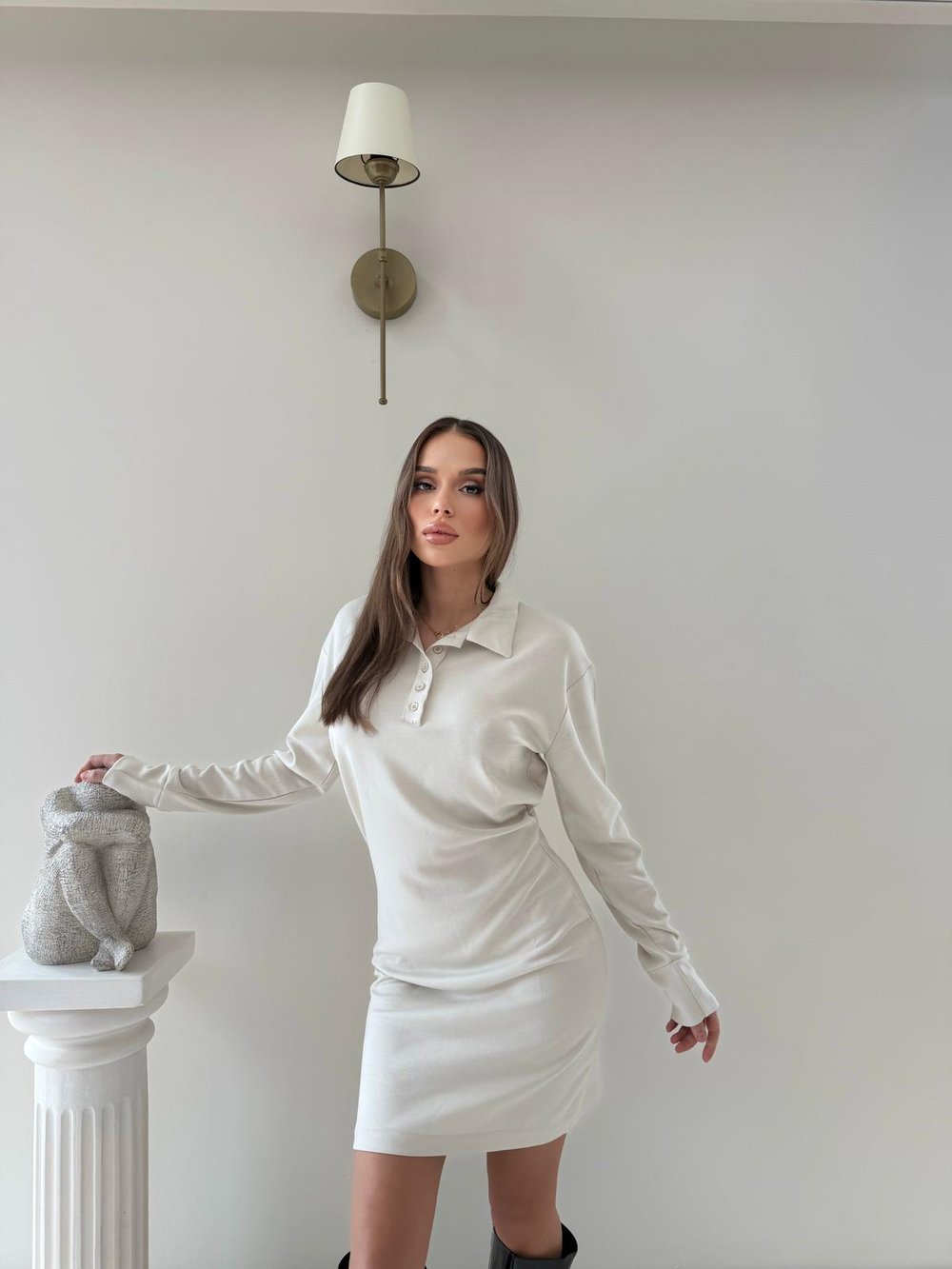 Polo Yaka Belden Drape Detay Modal Elbise Bej 2044