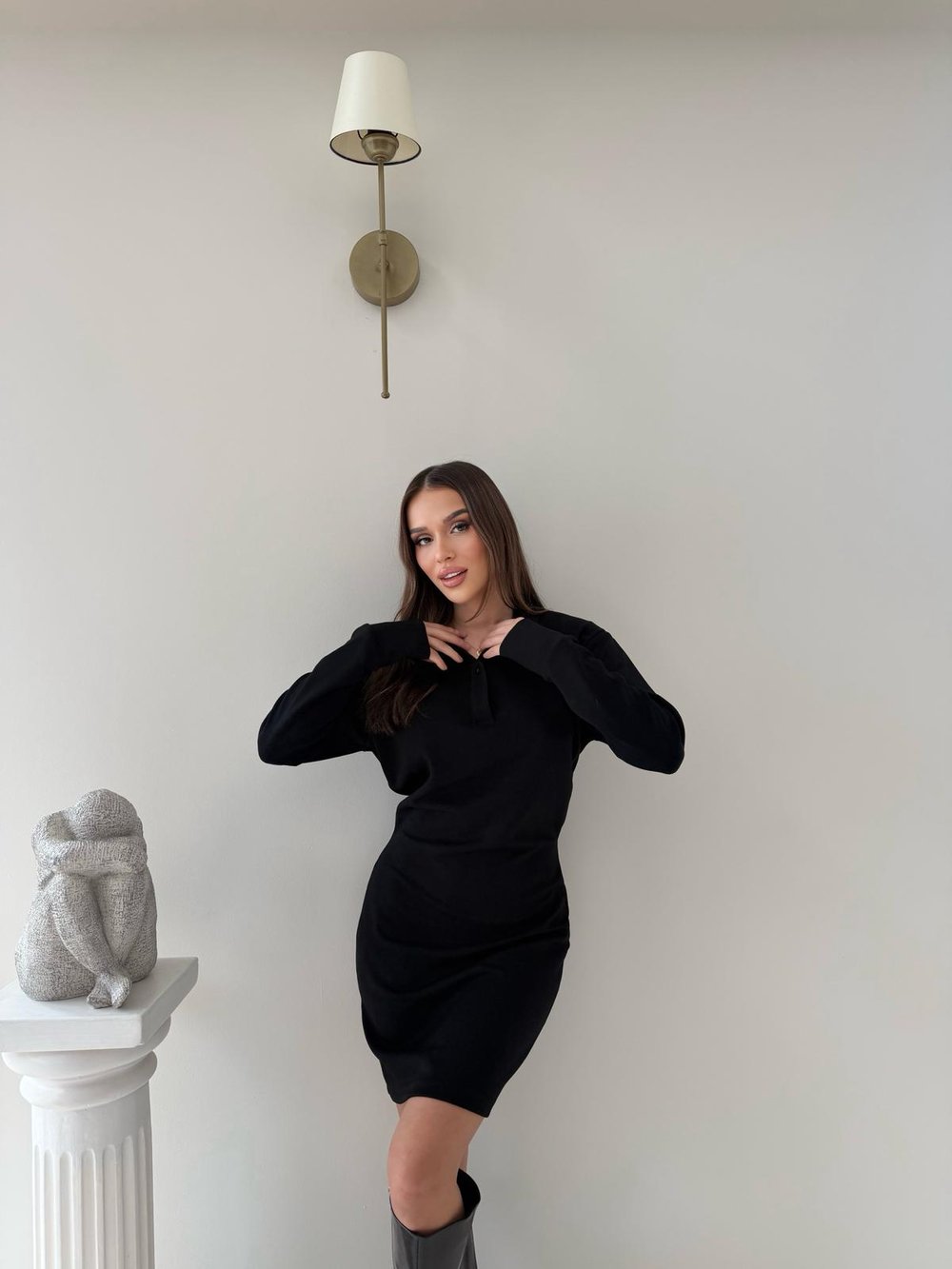 Polo Yaka Belden Drape Detay Modal Elbise Siyah 2044