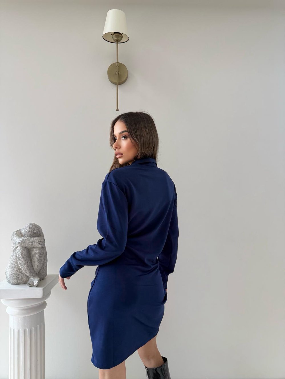 Polo Yaka Belden Drape Detay Modal Elbise Lacivert 2044