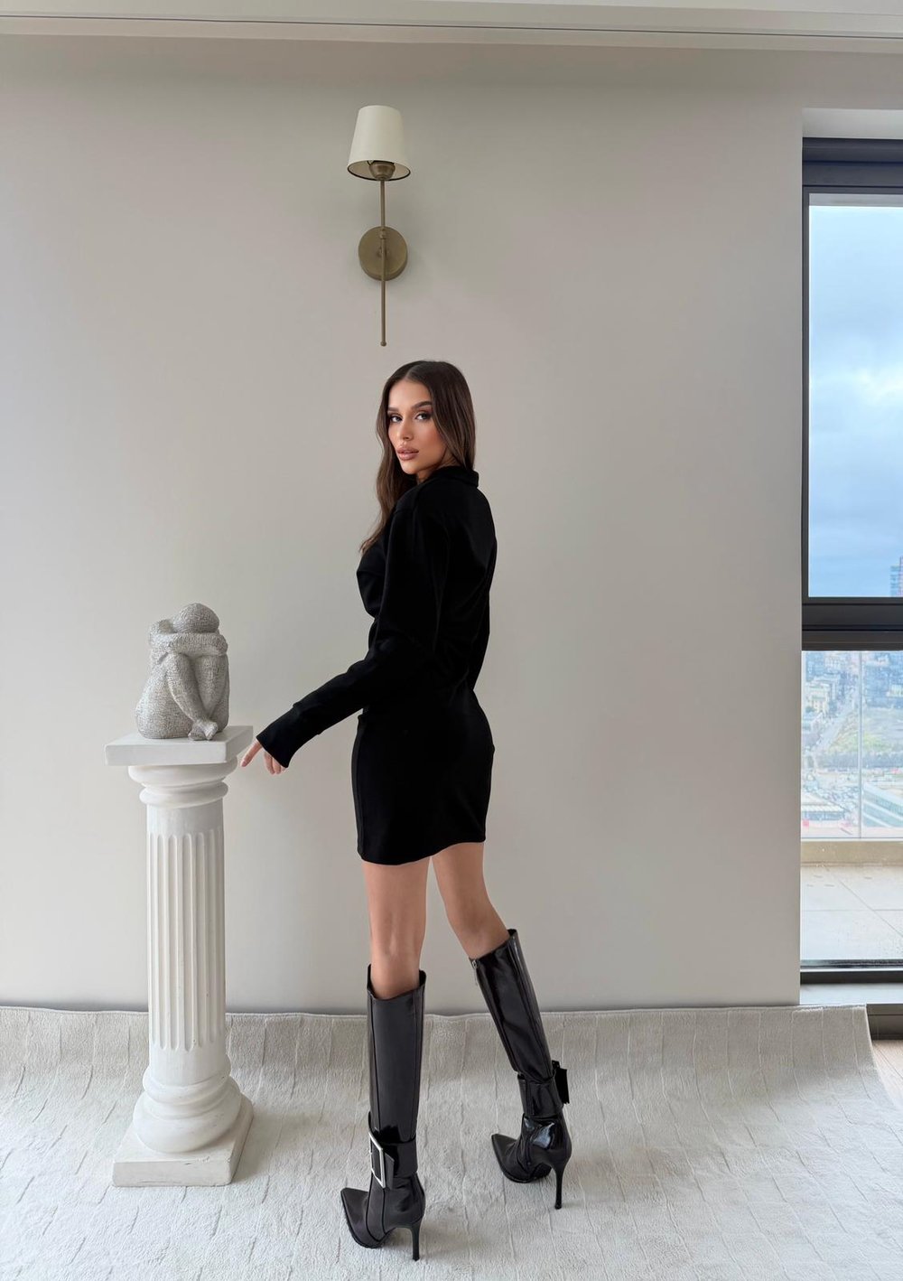 Polo Yaka Belden Drape Detay Modal Elbise Siyah 2044