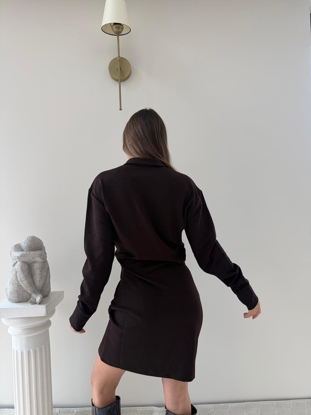 Polo Yaka Belden Drape Detay Modal Elbise Kahve 2044