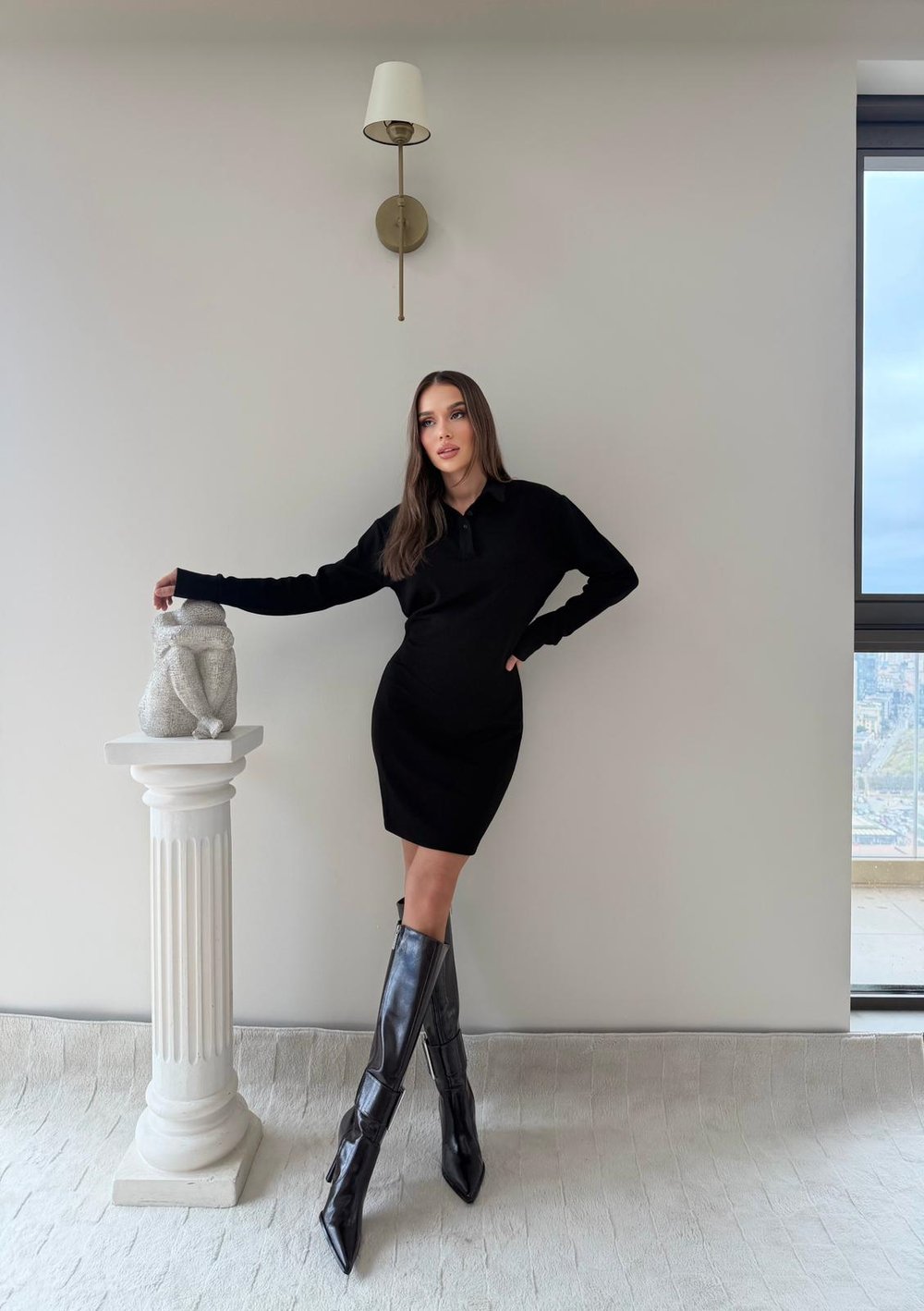 Polo Yaka Belden Drape Detay Modal Elbise Siyah 2044