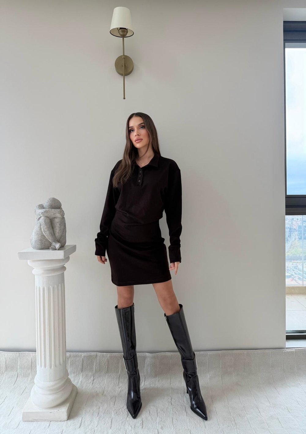 Polo Yaka Belden Drape Detay Modal Elbise Kahve 2044