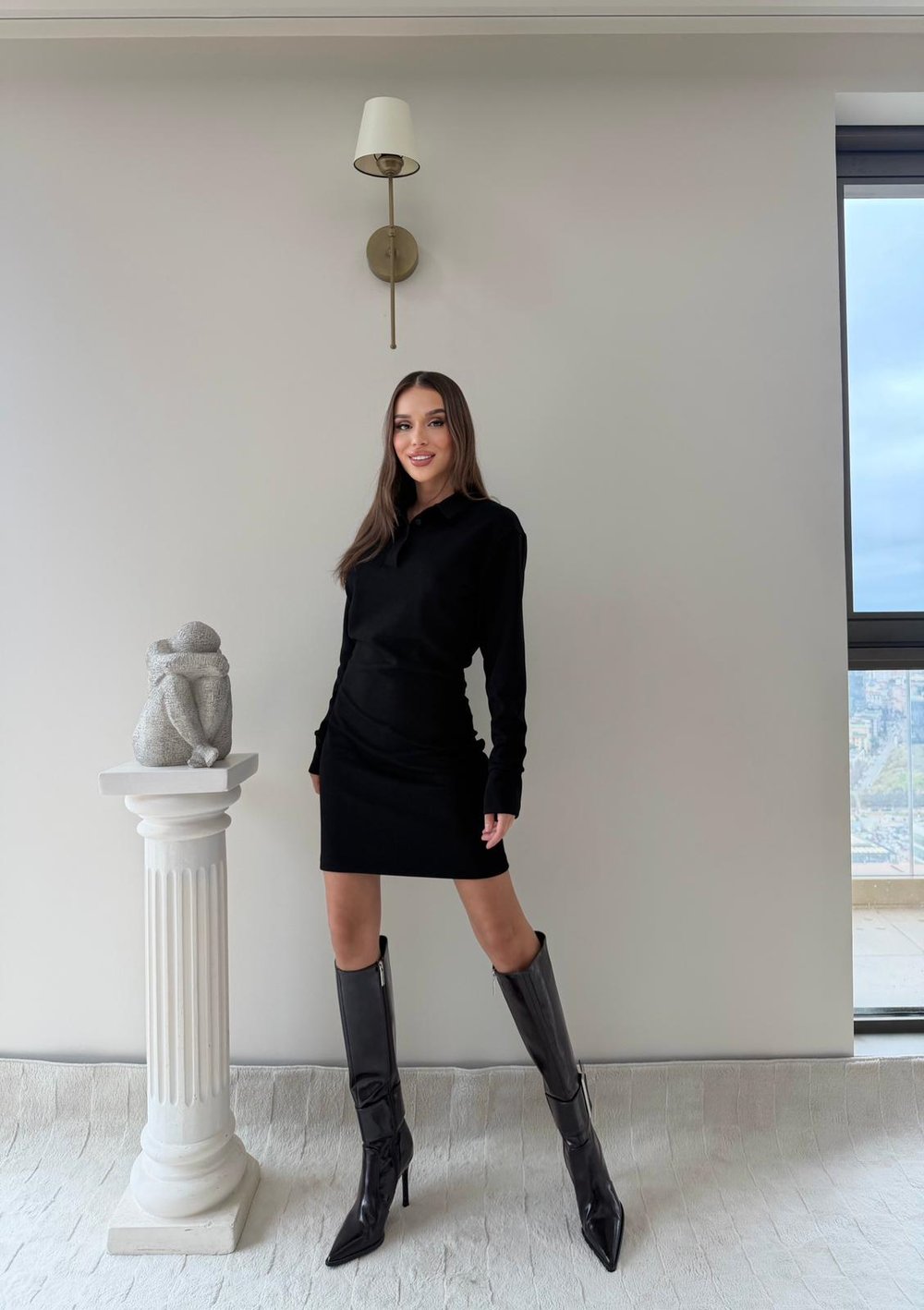 Polo Yaka Belden Drape Detay Modal Elbise Siyah 2044