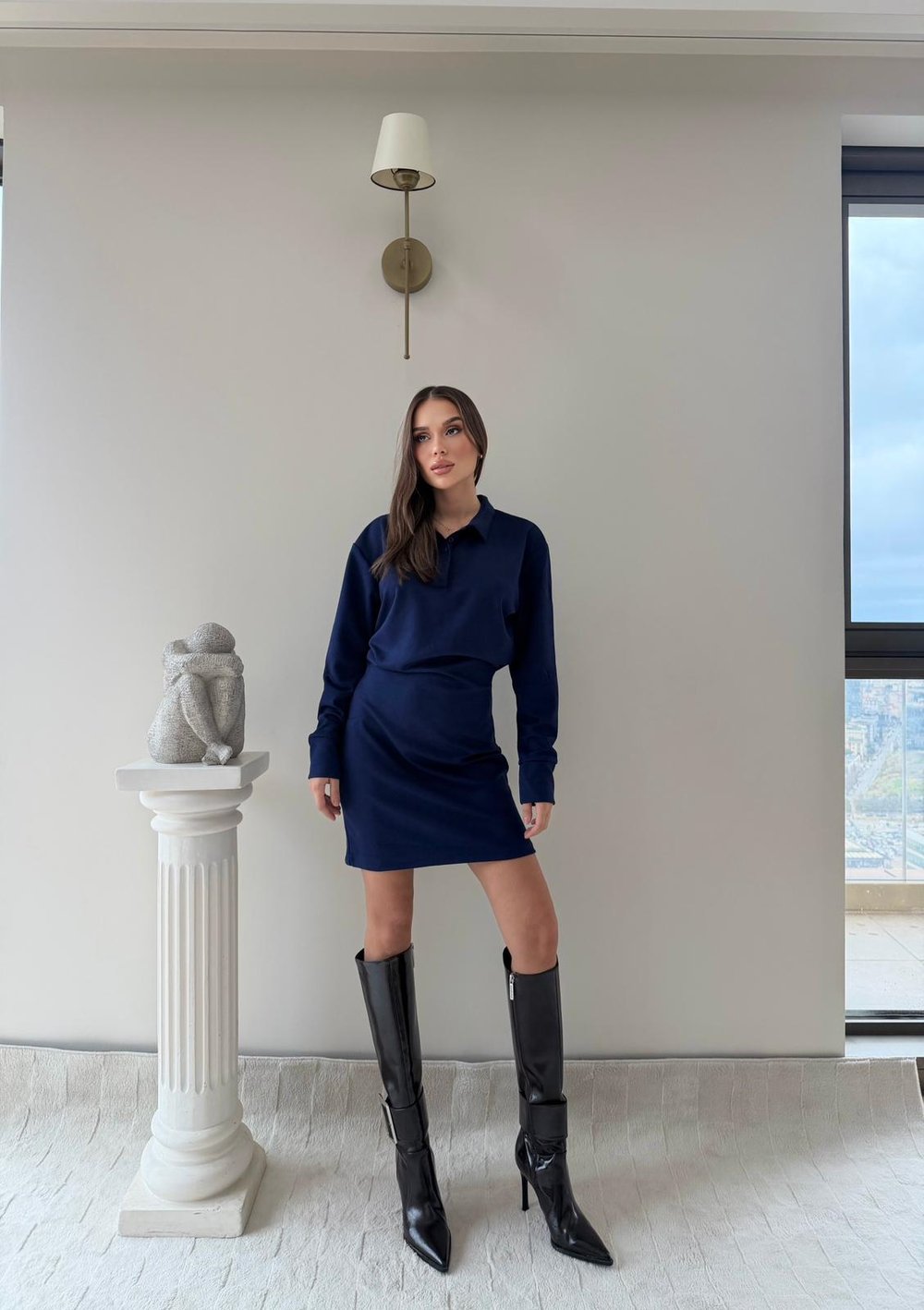 Polo Yaka Belden Drape Detay Modal Elbise Lacivert 2044