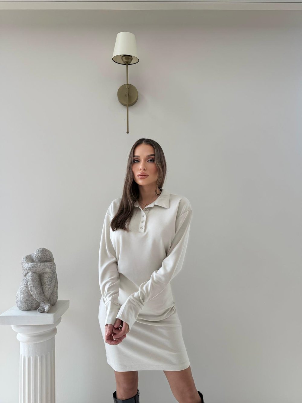 Polo Yaka Belden Drape Detay Modal Elbise Bej 2044