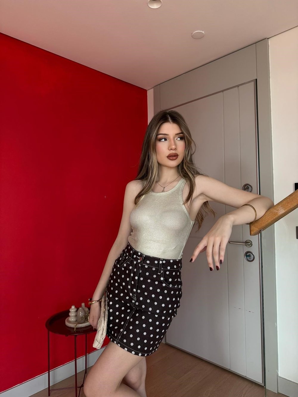 Puantiyeli Kot Etek Kahve 2258