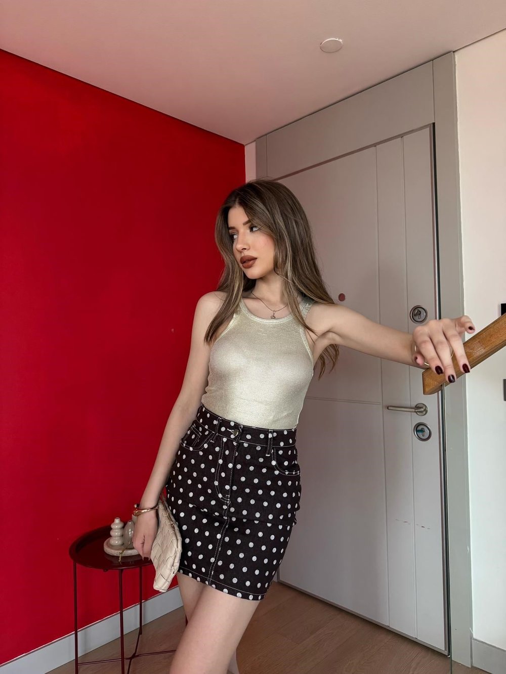 Puantiyeli Kot Etek Kahve 2258
