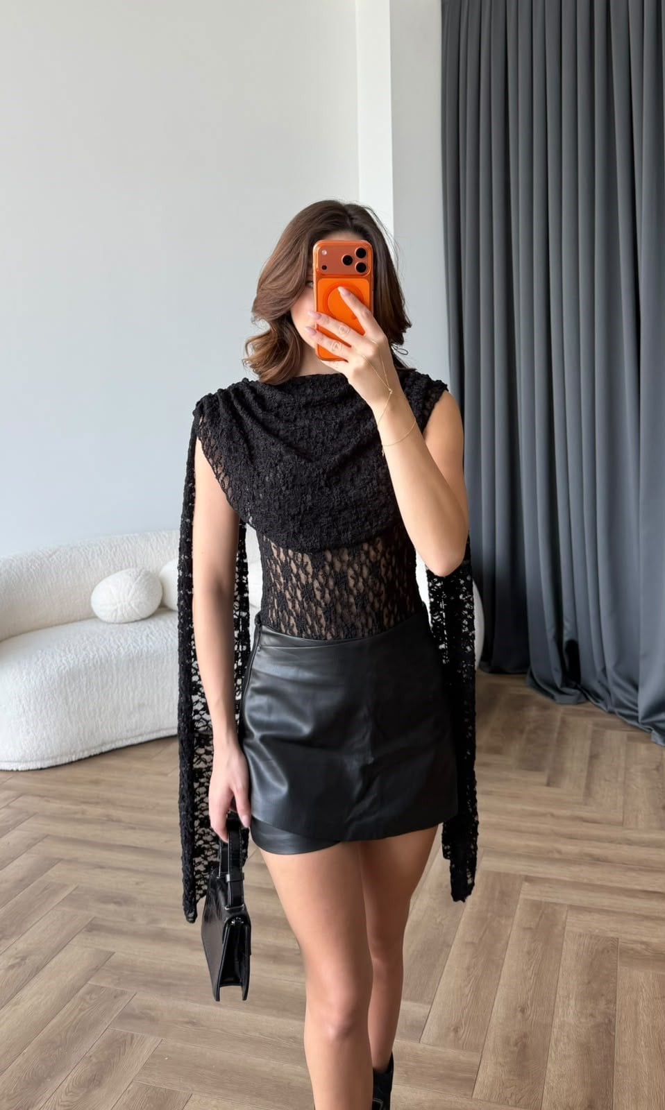 Şal Yaka Omuz Saçaklı Dantel Bodysuit Siyah 2488
