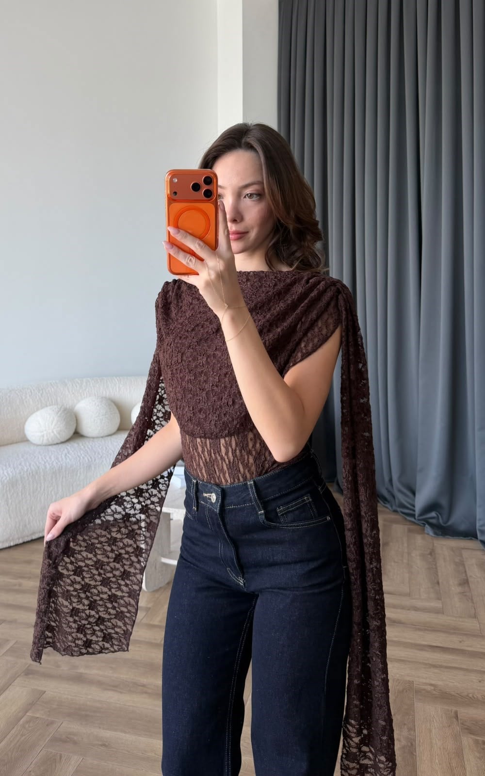Şal Yaka Omuz Saçaklı Dantel Bodysuit Acı Kahve 2488